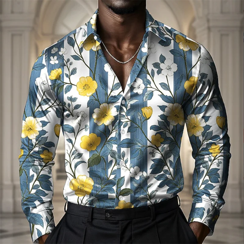 Camicia a maniche lunghe da uomo Camicia stampata floreale elegante con fiori dipinti Camicia da spiaggia casual con bottoni risvolto alla moda da uomo