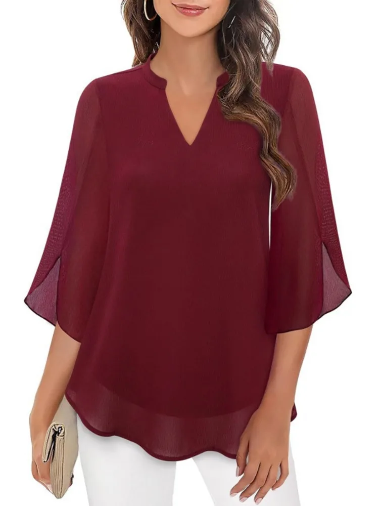 Women V Neck Chiffon Blouse Split Half Sleeve Loose Fit Solid Color Elegant Office Casual Tops For Women Multi Color