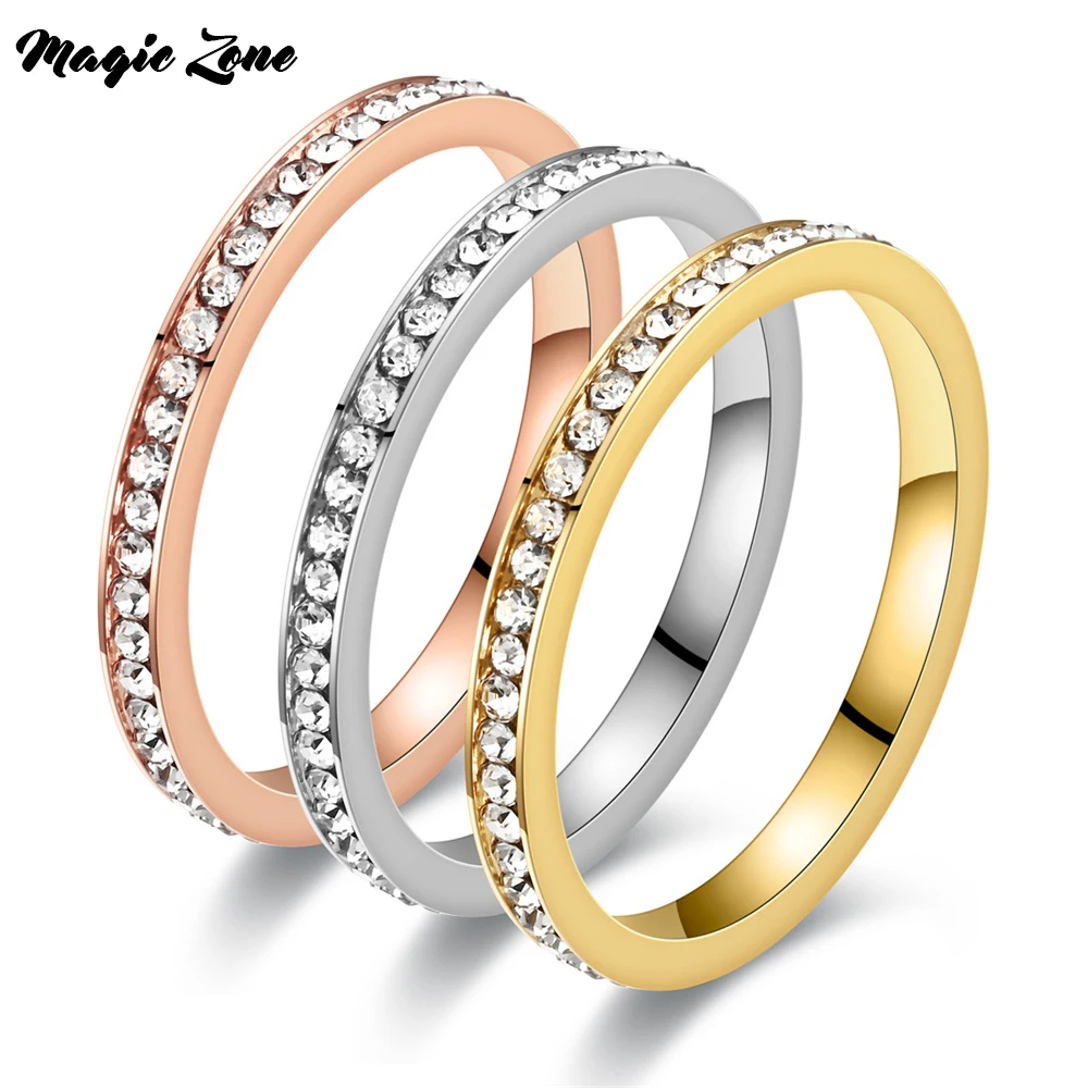 

INS 2mm Iced Out Bling CZ Rings For Women Lady Gold Color Stainless Steel Shinny Cubic Zirconia Wedding Ring Elegant Jewelry