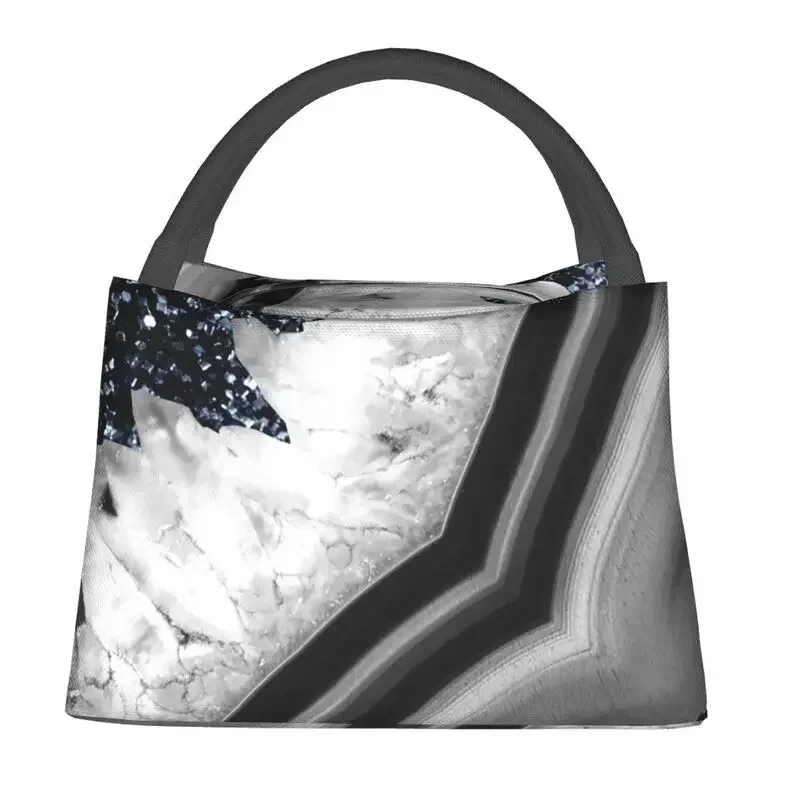 Gray Black White Agate With Navy Blue Glitter Insulated Lunch Bag for Women Portable Faux Glitter Cooler Thermal Bento Box