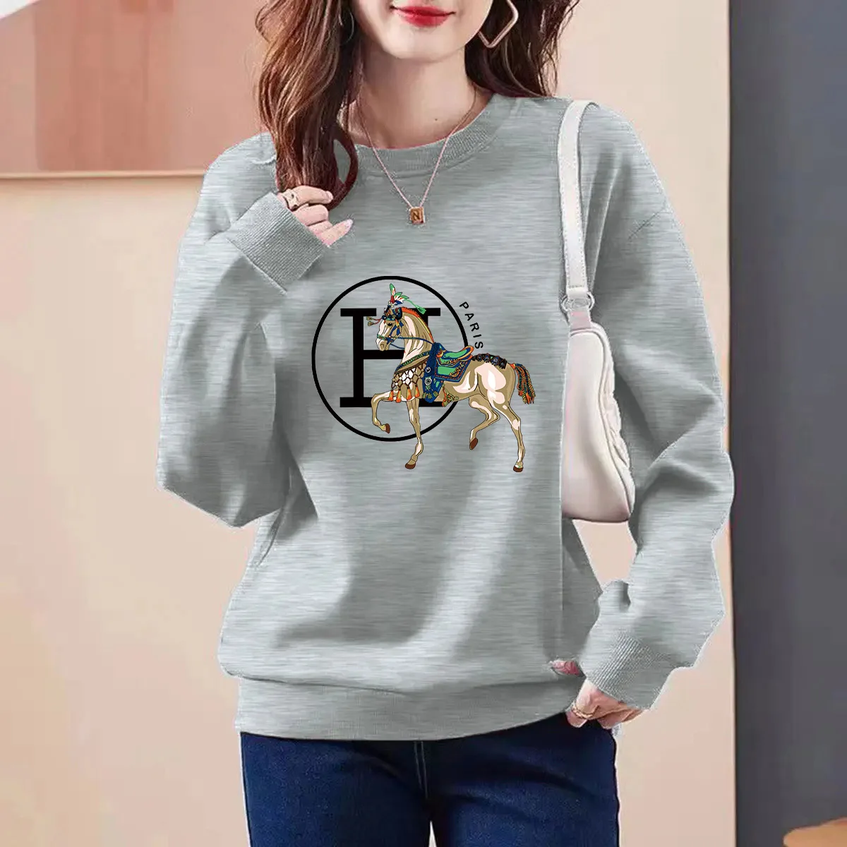 Women Clothing O-neck Sweatshirts Autumn Fashion Printed Loose Casual Hoodies Comfortable Pullover Pure Cotton Tops