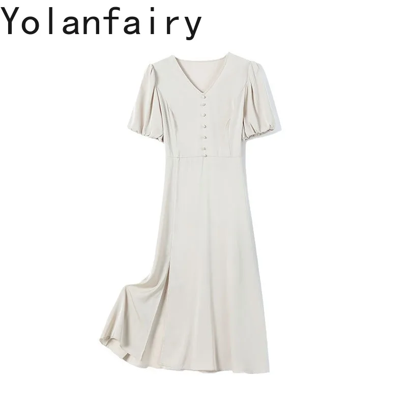 

YOLANFAIRY 19mm 92.3% Mulberry Silk Dress for Woman V-neck Elegant Summer Dresses Lace-up Midi Black Dress Office Wear Vestidos