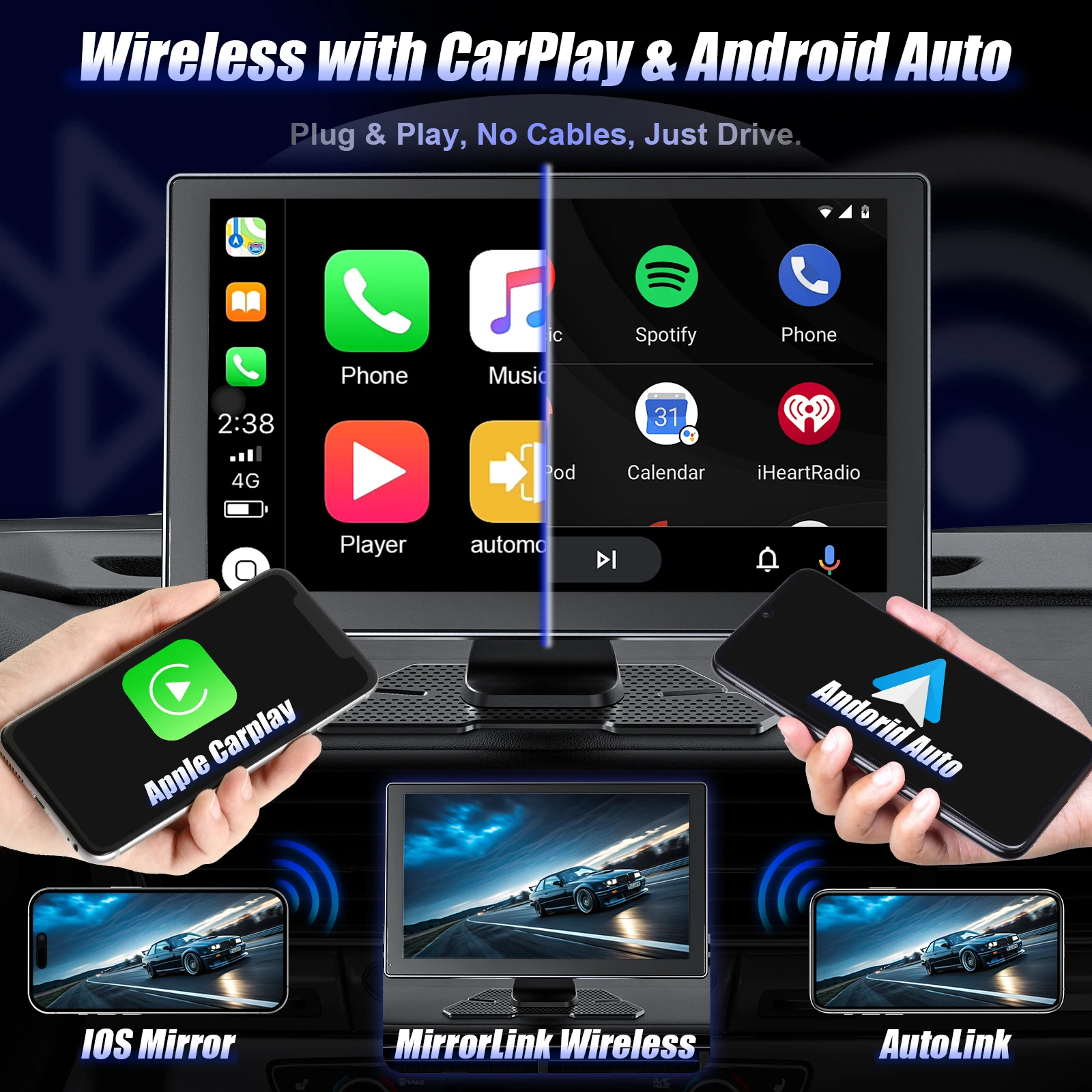 شاشة CarPlay اللاسلكية المحمولة مقاس 9 بوصات للسيارة، ستيريو سيارة CooCom UHD مع شاشة تعمل باللمس مع Apple CarPlay Android Auto، كاميرا داش 4K #2