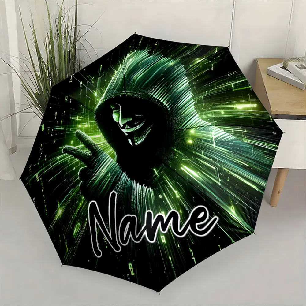 Custom Name Mystery Hacker Umbrella with Green Digital Effects Print 8 Iron Ribs Folding Umbrella Auto-Open Fashion Sunshade