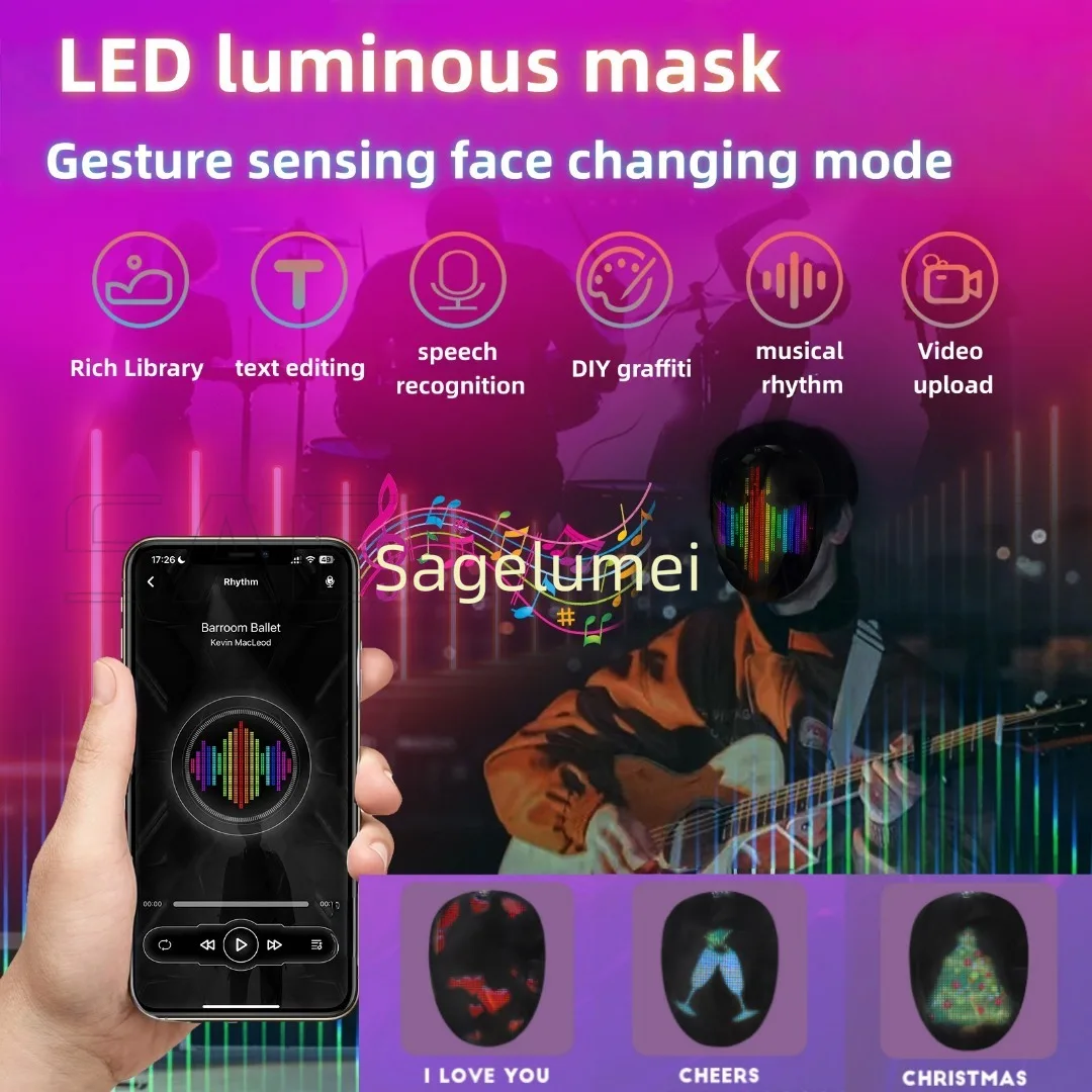 2025NEW Voice Recognition Luminous FullColor Led Mask with Gesture App Control Programmable Face Transforming Light up Halloween