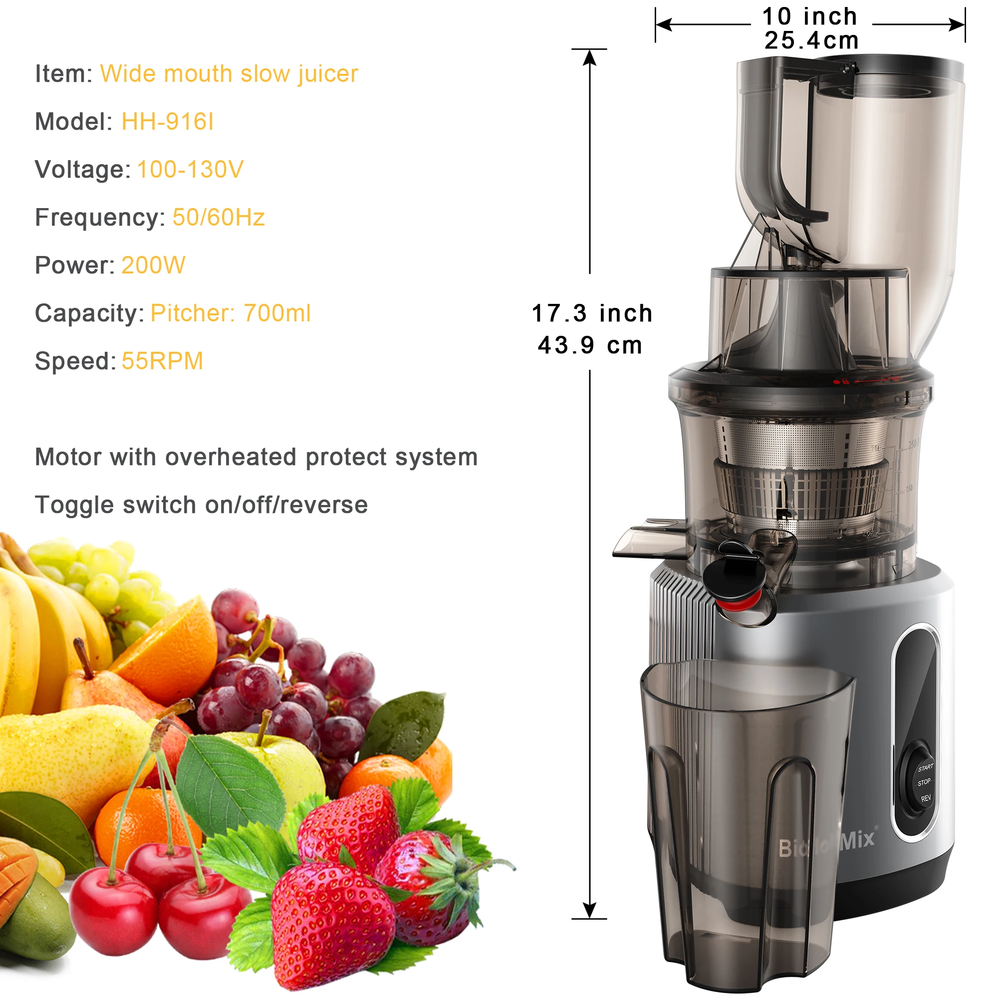 BioloMix Cold Press Juicer with 78mm Feed Chute, 200W 40-65RPM Powerful Motor Slow Masticating Juice Extractor Fits Whole Fruits