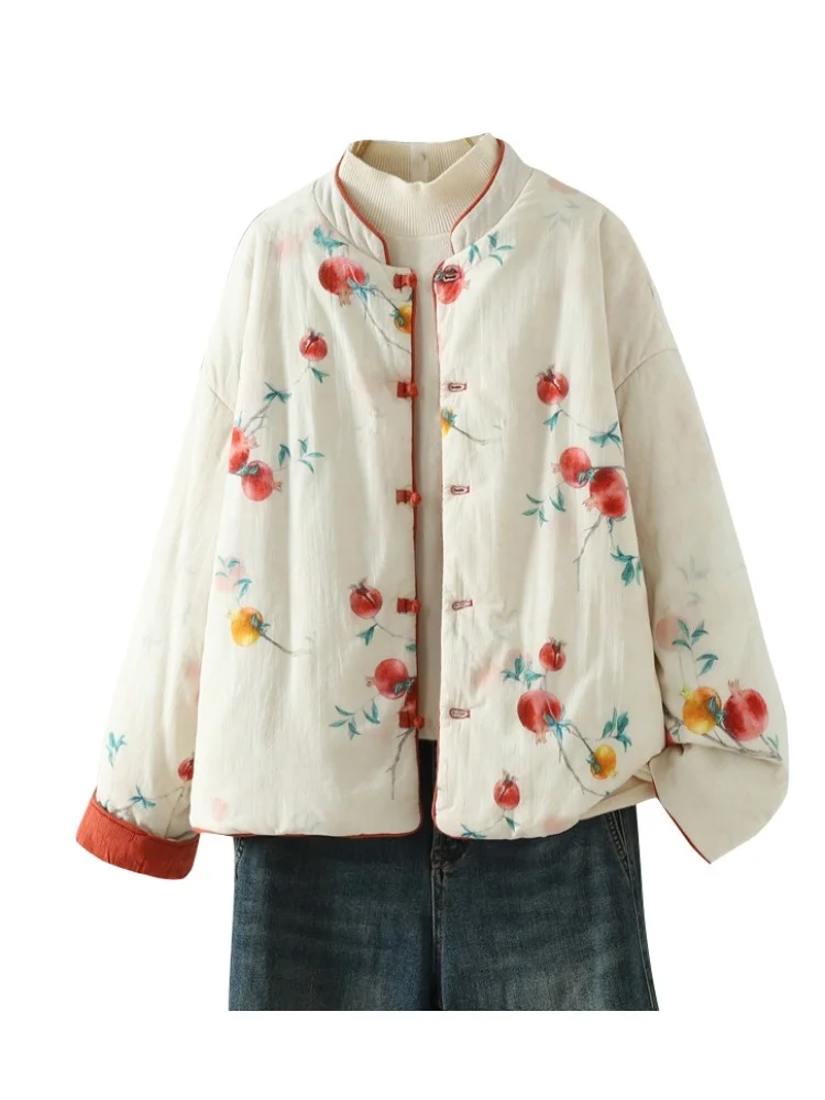 Double-Sided Wear Floral Print Cotton Jacket Women's Winter New Chinese Style Tunic Coat Stylish Cotton Linen Outerwear