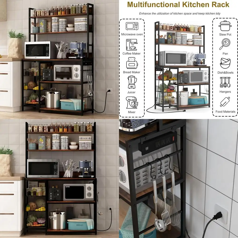 

5-Tier Kitchen Storage Shelf with Baskets and Power Outlet, Utility Rack with Hooks, Microwave Oven Stand, Vintage Style