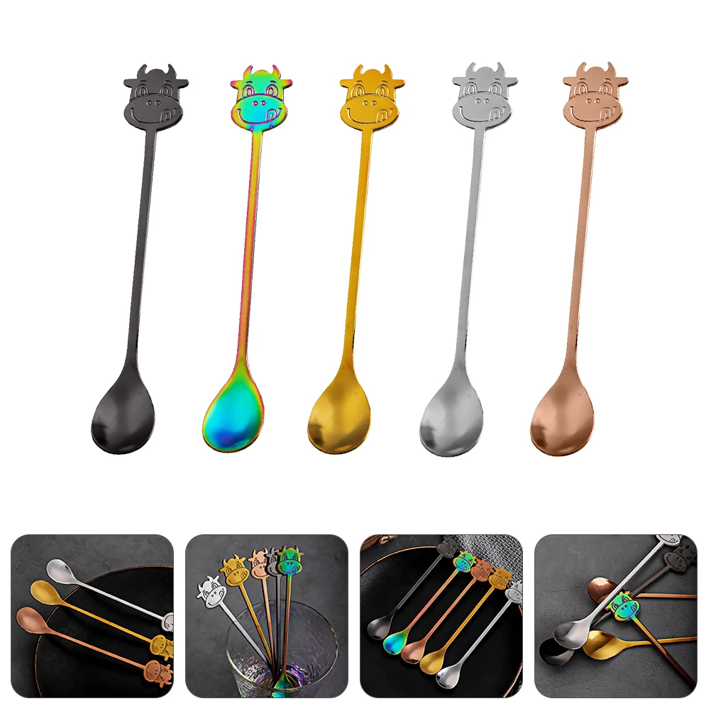 

5Pcs Creative Bull Head Spoons Stainless Steel Dessert Spoon Coffee Stirring Colorful Kitchen Barware Tart Spoon Long Lasting