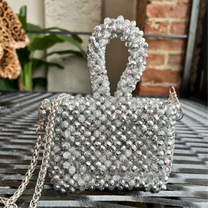 Wholesale Women's Handbags 2023 Niche Handmade Beaded Crystal Beads Woven Portable Banquet Lady Small Square Bag Top-Handle