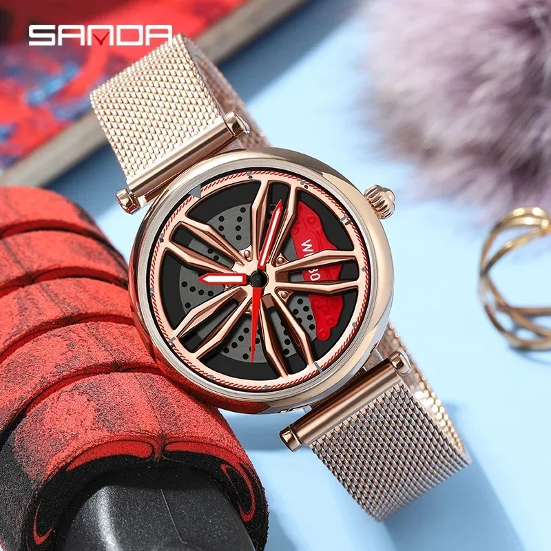 SANDA New Women Casual Watch 360° Rotating Dial Fashion Rose Gold Mesh Strap Women Quartz Watch 30M Waterproof Reloj Mujer P1074