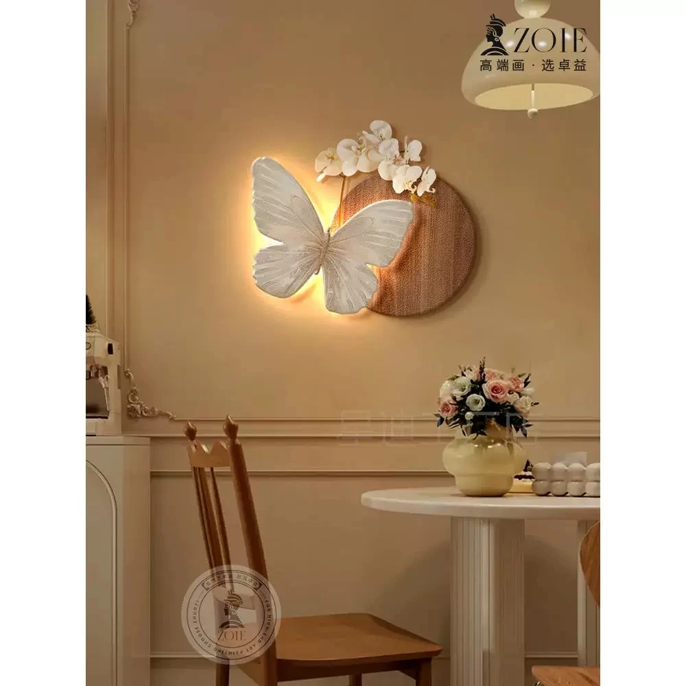 French Cream Style Butterfly Luminous Restaurant Decoration Painting Wall Lamp Stereoscopic Sandstone Hanging Painting