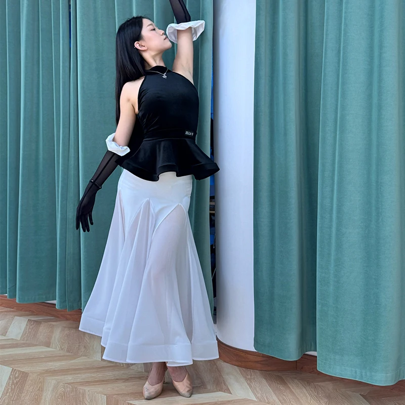 Elegante Ballroom Dance Kleidung Frauen Walzer Leistung Kostüm Schwarz Samt Tops Weiß Langen Rock Prom Wettbewerb Kleid BL17010