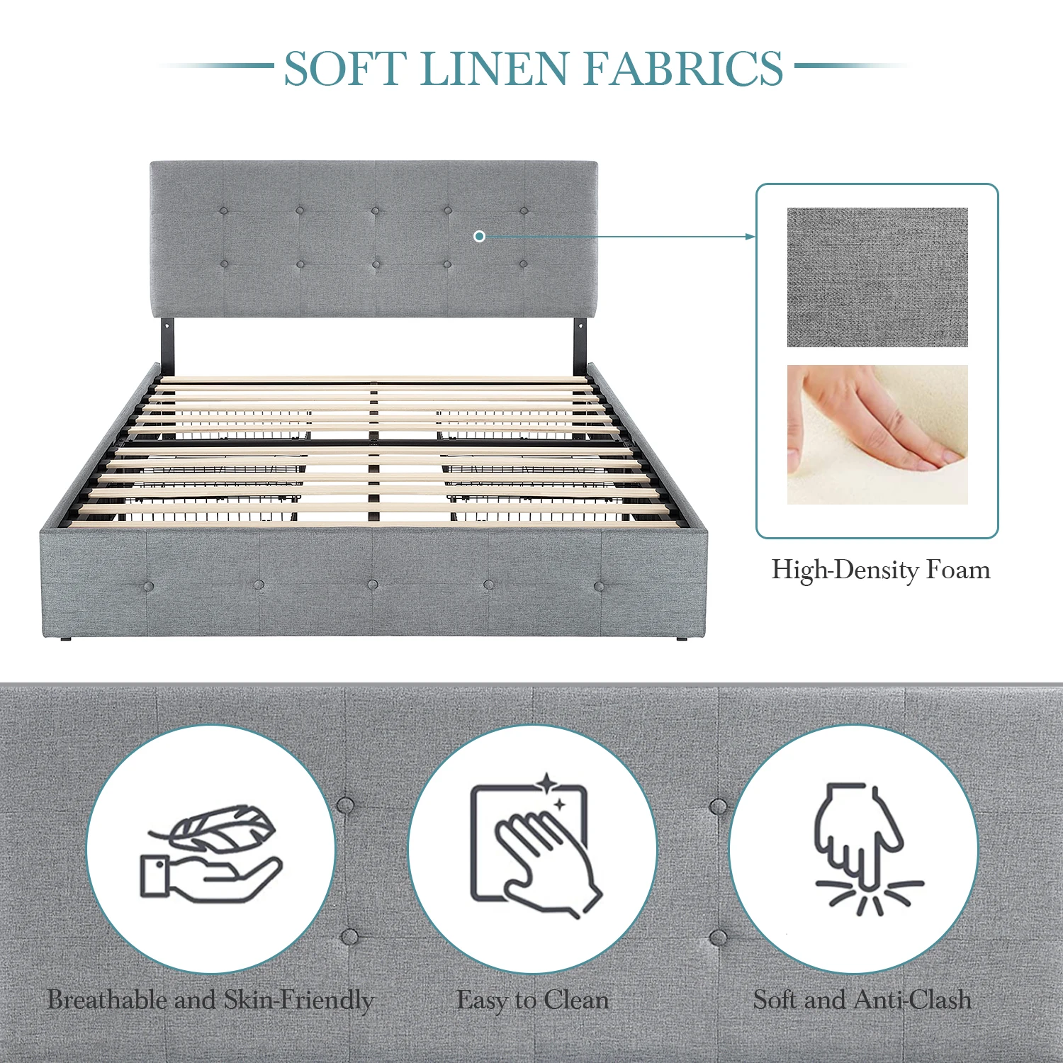 إطار سرير للتخزين بمنصة HOOMIC مع 4 أدراج، لوح رأسي قابل للتعديل مع زر مربع مخيط بتصميم معنقدة Allewie