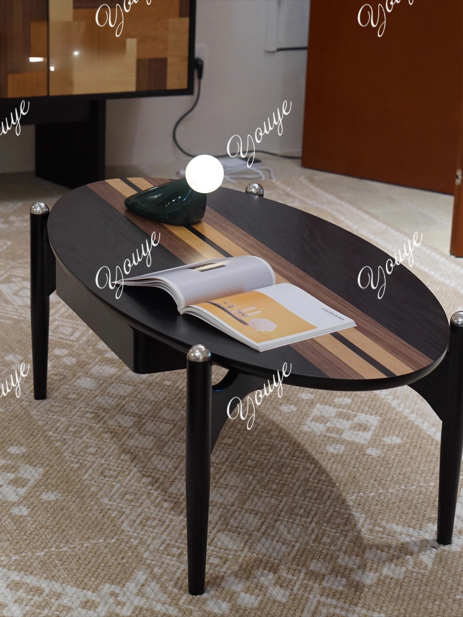 

Textured coffee table, solid wood color-blocking, medieval living room, oval, high-end family tea table