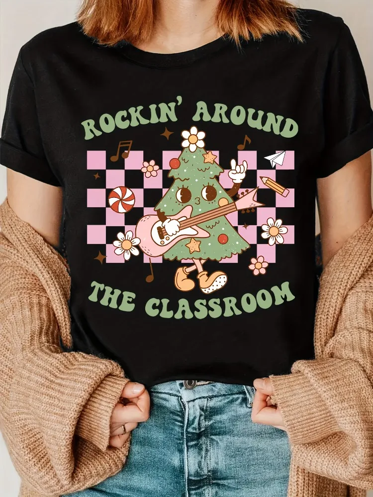 

Women's Rock Christmas Teacher T-Shirt Holiday Guitar and Tree Design Soft Casual Top Educator Apparel Festive Theme Shirt