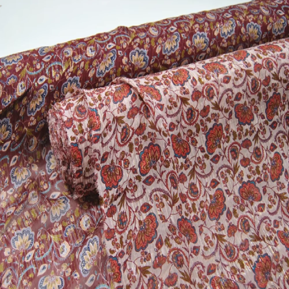 Best Quality Wine Red Shiny Gold Lurex Metallic Soft Silk Crinkle Fabirc Printed Flower for Lady Autumn Dress Shawl
