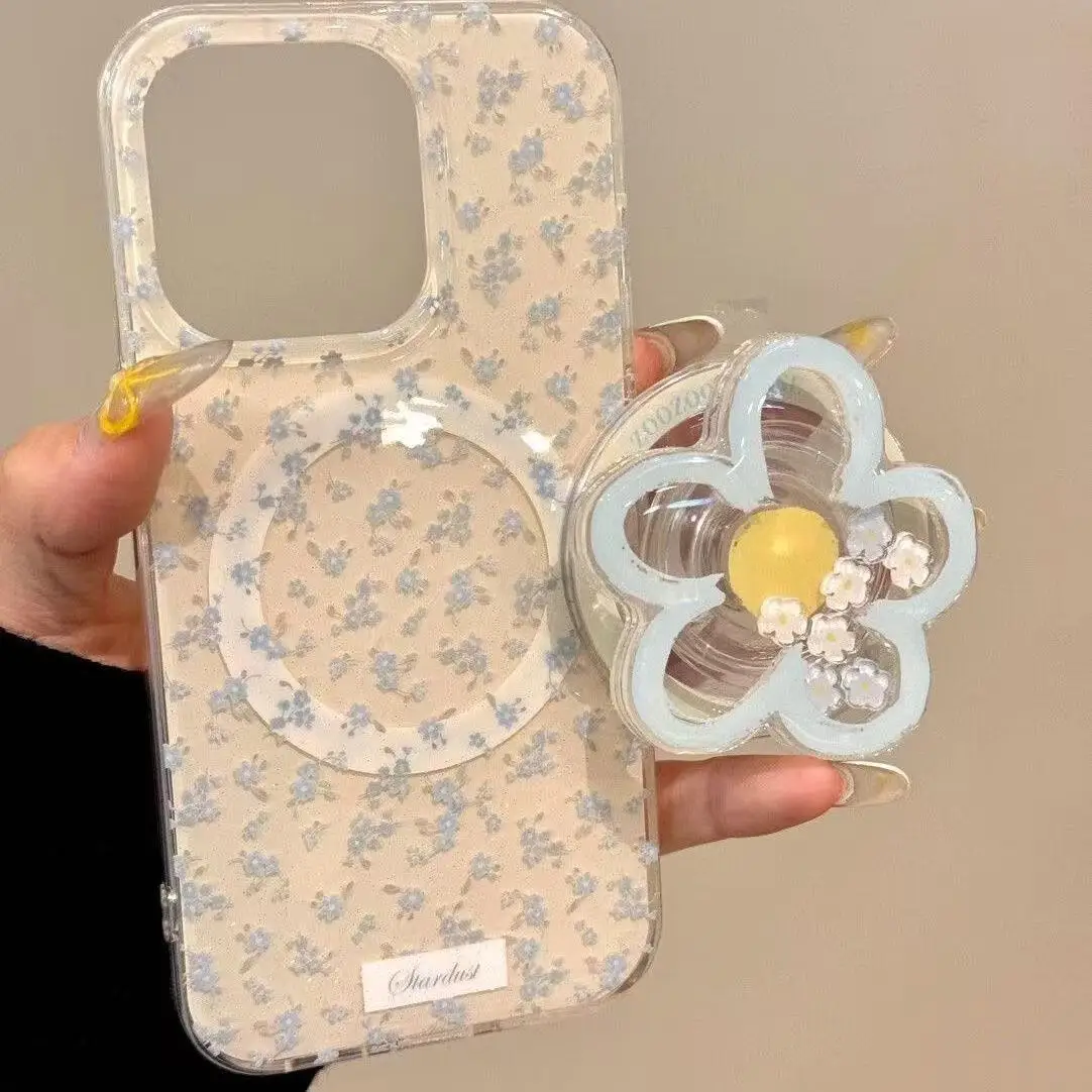 Light Blue Flower Phone Magnetic Grip Stand Foldable Airbag Bracket Universal Anti-Drop Finger Holder Cell Phone Accessory Decor