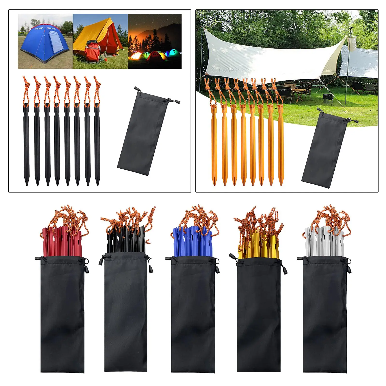 Piquets de tente flexibles et légers avec poudres de transport, piquets de bâche, camping, 8 pièces