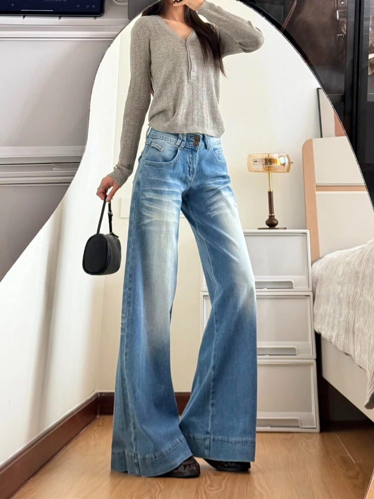 Vintage Blue Low Rise Wide Leg Women Jeans 2026 New Washed Draping Figure Flattering Denim Trousers Straight Floor-length Pants