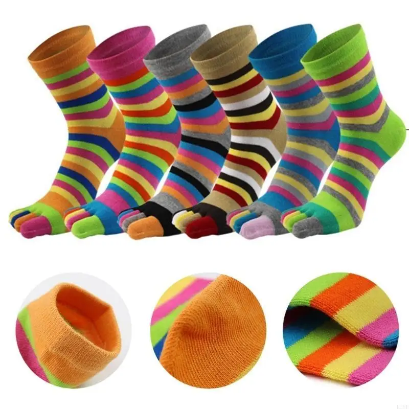 

L38E 6 Pairs Women Cotton Five Finger Ankle Socks Rainbow Colorful Striped Breathable Toe Separated Tube Hosiery Gifts