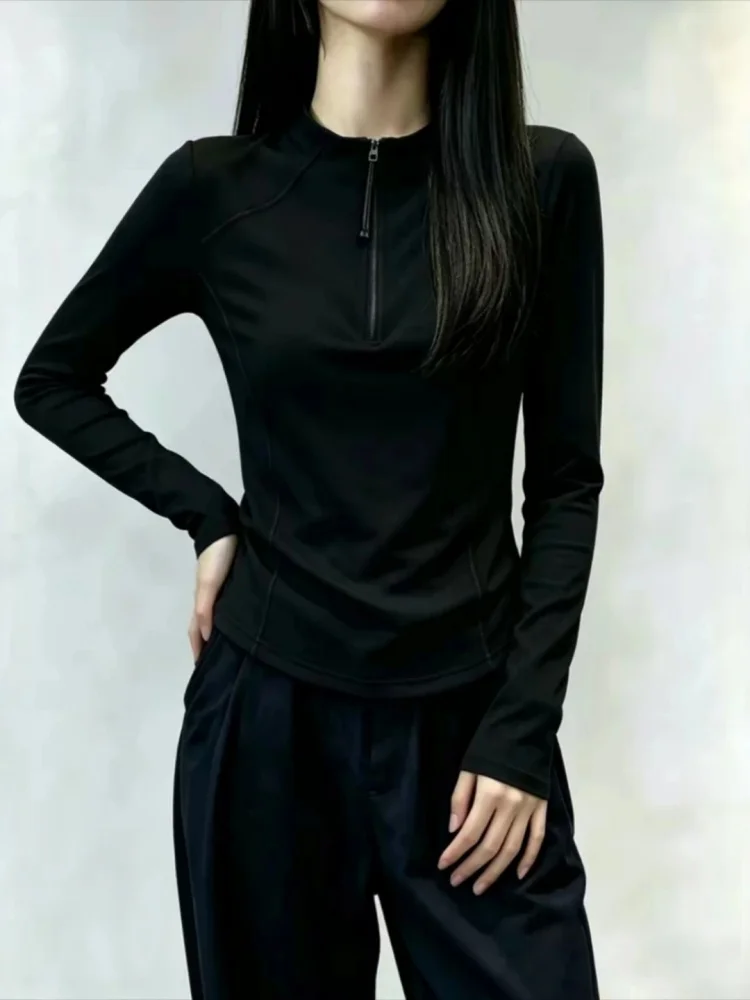 Slim Fit Long Sleeve Zipper Stand Collar T-Shirt Women's Base Shirt plus Size Conceal Belly Upper Apparel Commute Style