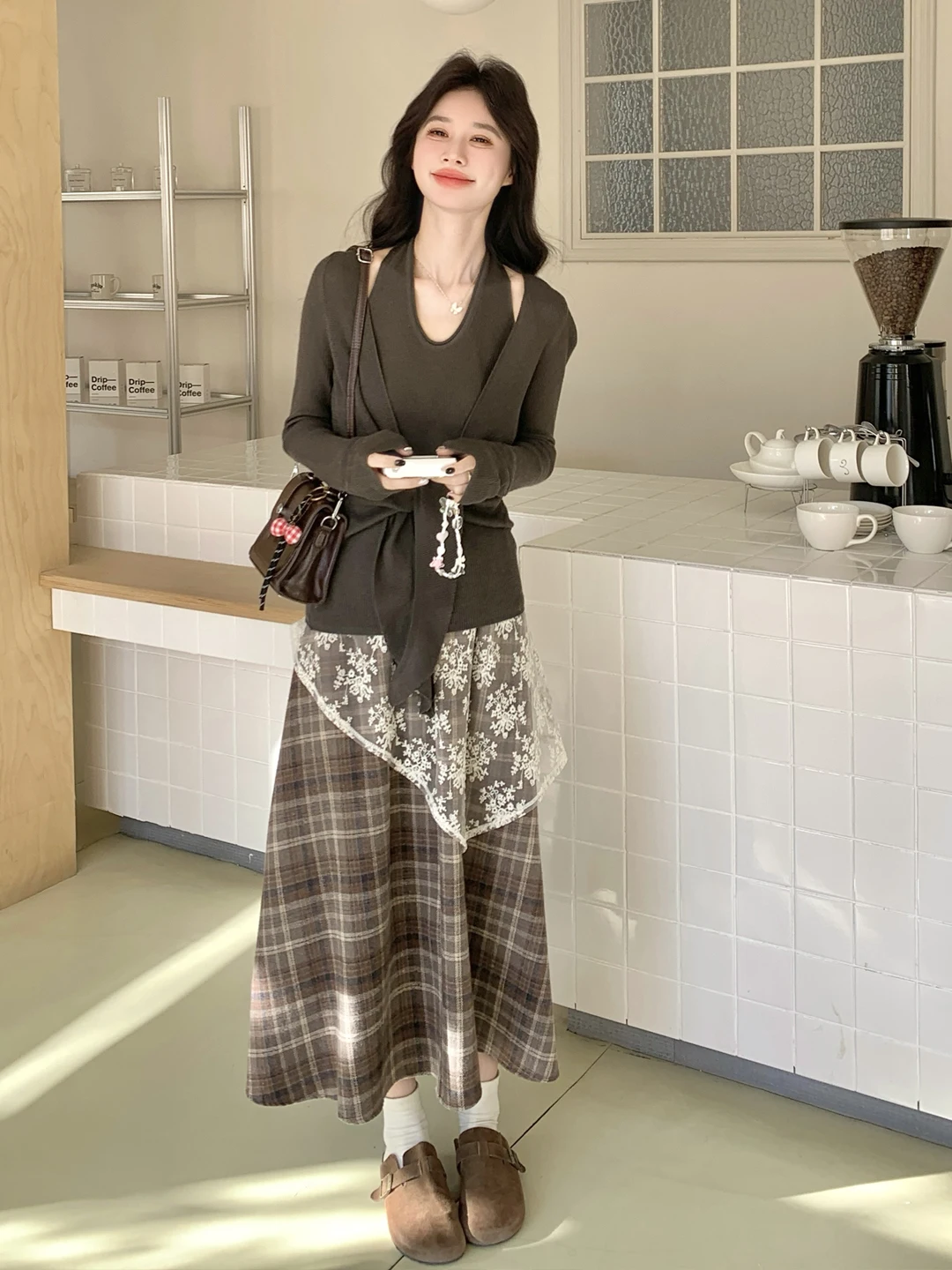

Spring Autumn Plaid Long Sleeve Neck Hanging Pure Desire Women's Fashion Set High Waist Skirt And Top Two-Piece Set Casual Wear