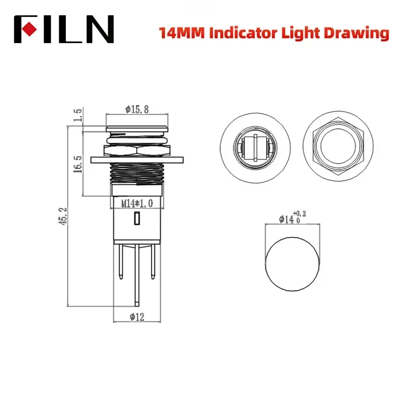 FILM 8/10/12/14/16 mm Symbol Metall LED-Anzeigeleuchte 2-polig 12 V 24 V schwarze Schale Anzeigelampe Auto-Armaturenbrett-Kontrollleuchten – Detail 3