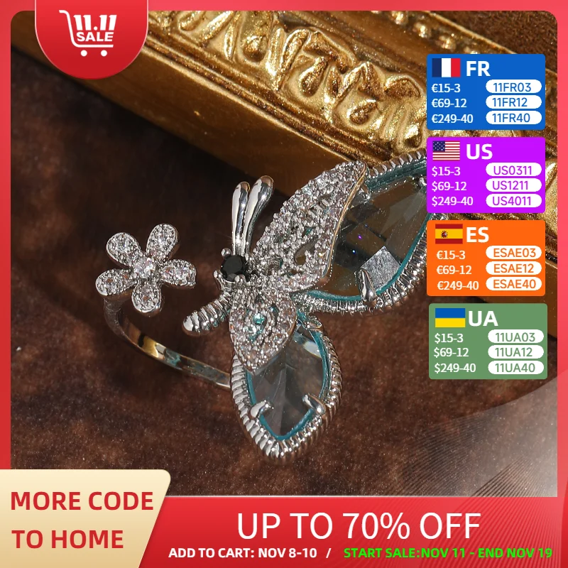 

Vintage Silver Color Butterfly Rings Natural Stone Flower Elegant Womens Rhinestone Jewelry Trends 2025 Accessories Thanksgiving