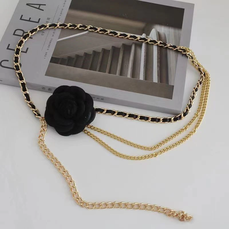 Ladies Fashion Metal Camellia Flowers Waist Chain Women Thin Body Dress Pants Decoration Belts For Girls Luxury Waist Chain