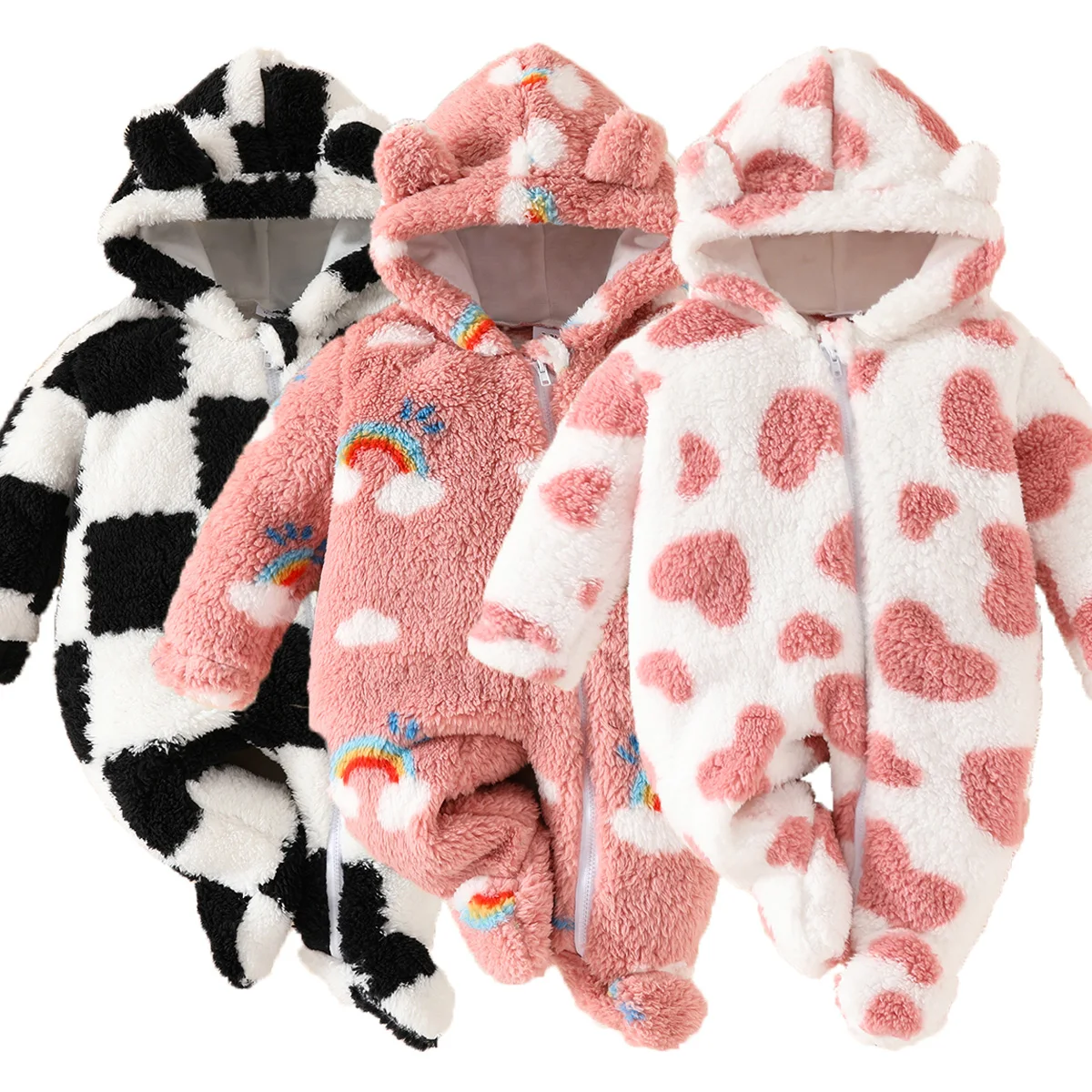 0-12 Months Old Newborn Toddler Casual Cute Thickeneded Warm Plush Cloud Rainbow Plaid Cartoon Pattern Stereo Ear Hooded Front Zipper Sweet