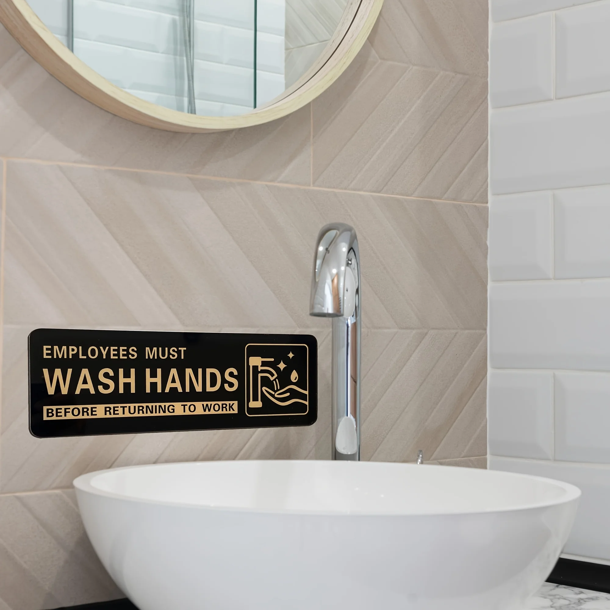 "Employees Must Wash Their Hands" Sign, 9x3 Inches, Self-adhesive Acrylic, for Use in Offices, Commercial Areas and Bathrooms.