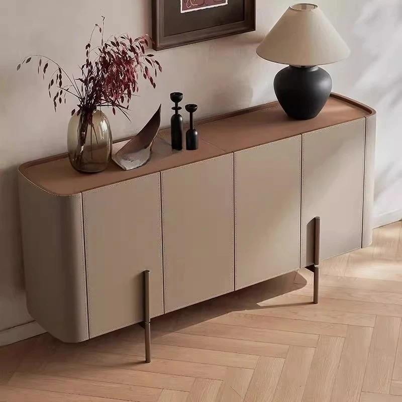 Italian minimalist rock slab dining side cabinet, household small apartment living room solid wood saddle leather locker,