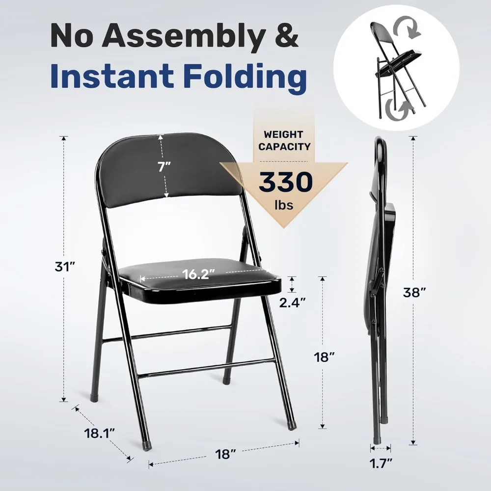 4-Piece Foldable Leather Cushion Chairs with Padded Back and Metal Legs - Ideal for Home, Living Room, Bedroom, Cafe, Black