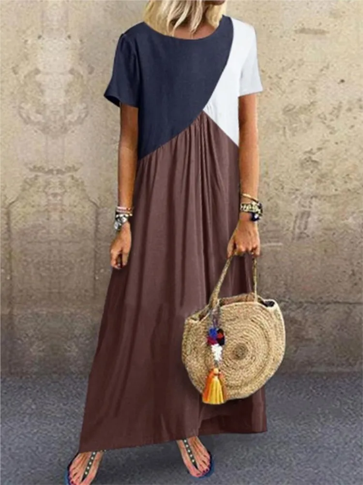 

Summer New Women's Casual Fashion Short Sleeve Dresses Vintage Color Spelling Loose Long Dress For Women Vestidos