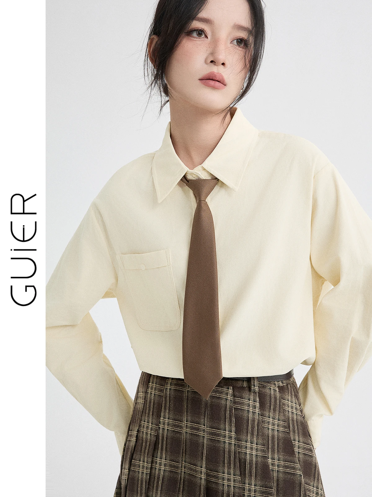 

Pure Color Corduroy Collar Loose Long Sve Women's irt Spring 2026 New Sle Casual irt Girl's Faion Academy Sle