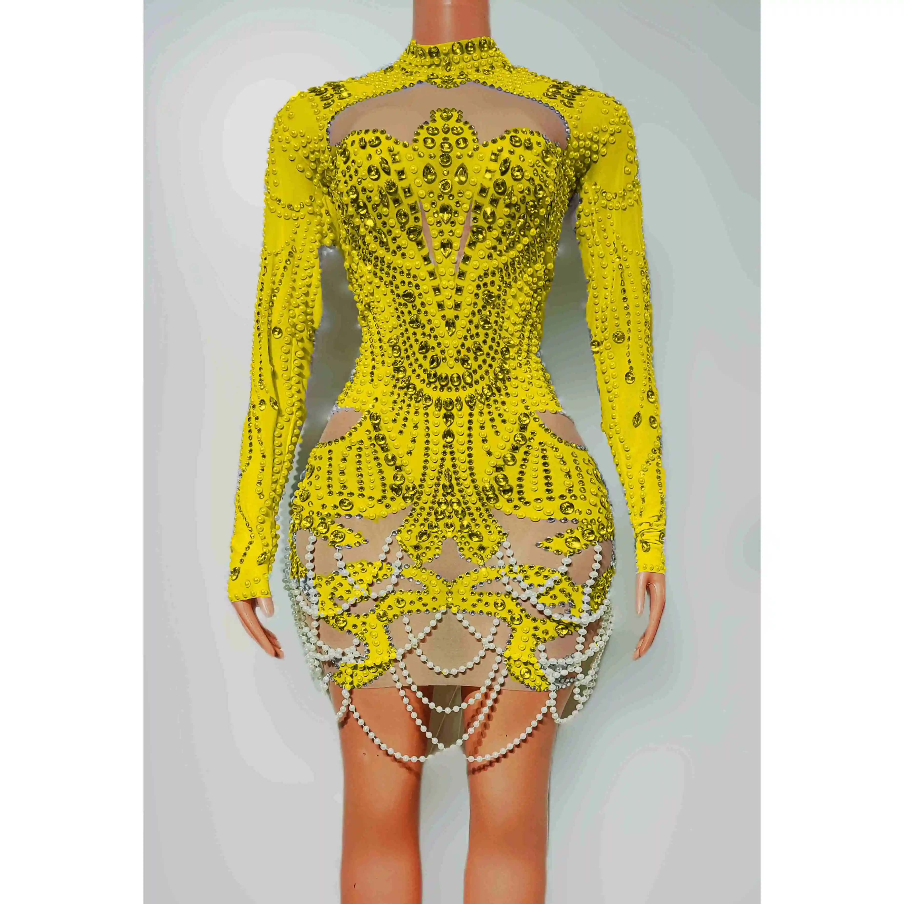 Party Dress Pearl Diamond Mesh Perspective Nightclub Bar Dj Performance Stage Costumes Women Gogo Group Festival Wear DN19603