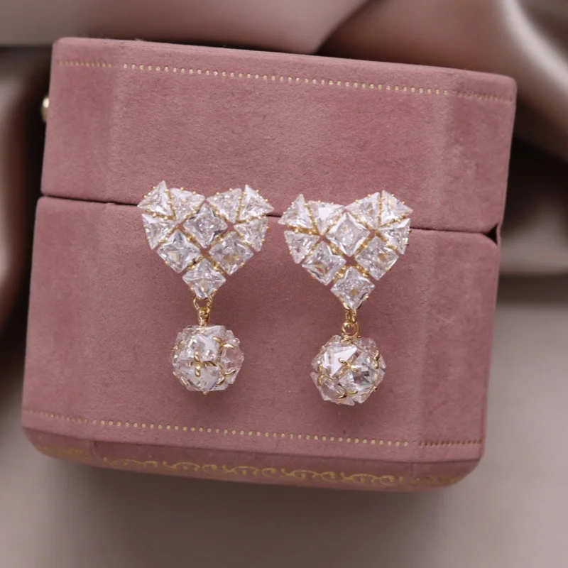 Korean new design fashion jewelry 14K gold plated luxury love ball zircon earrings elegant women's daily work accessories