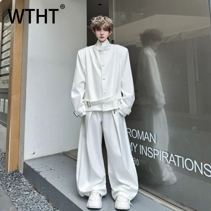 

WTHT модный мужской костюм, однотонный бандажный воротник-стойка, пальто с высокой талией, свободные прямые брюки, комплект мужской, осень 2023, 2A1723