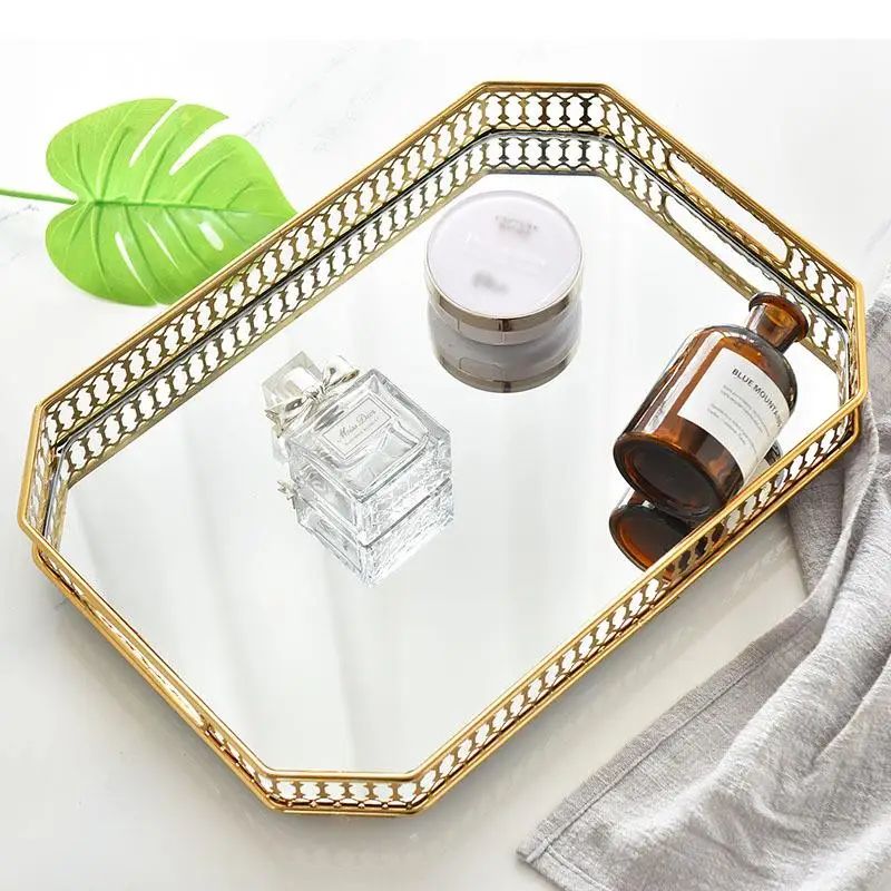 

Metal Frame Tray Mirror Glass Storage Modern Home Desktop Decoration Organization Dressing Table Display Board