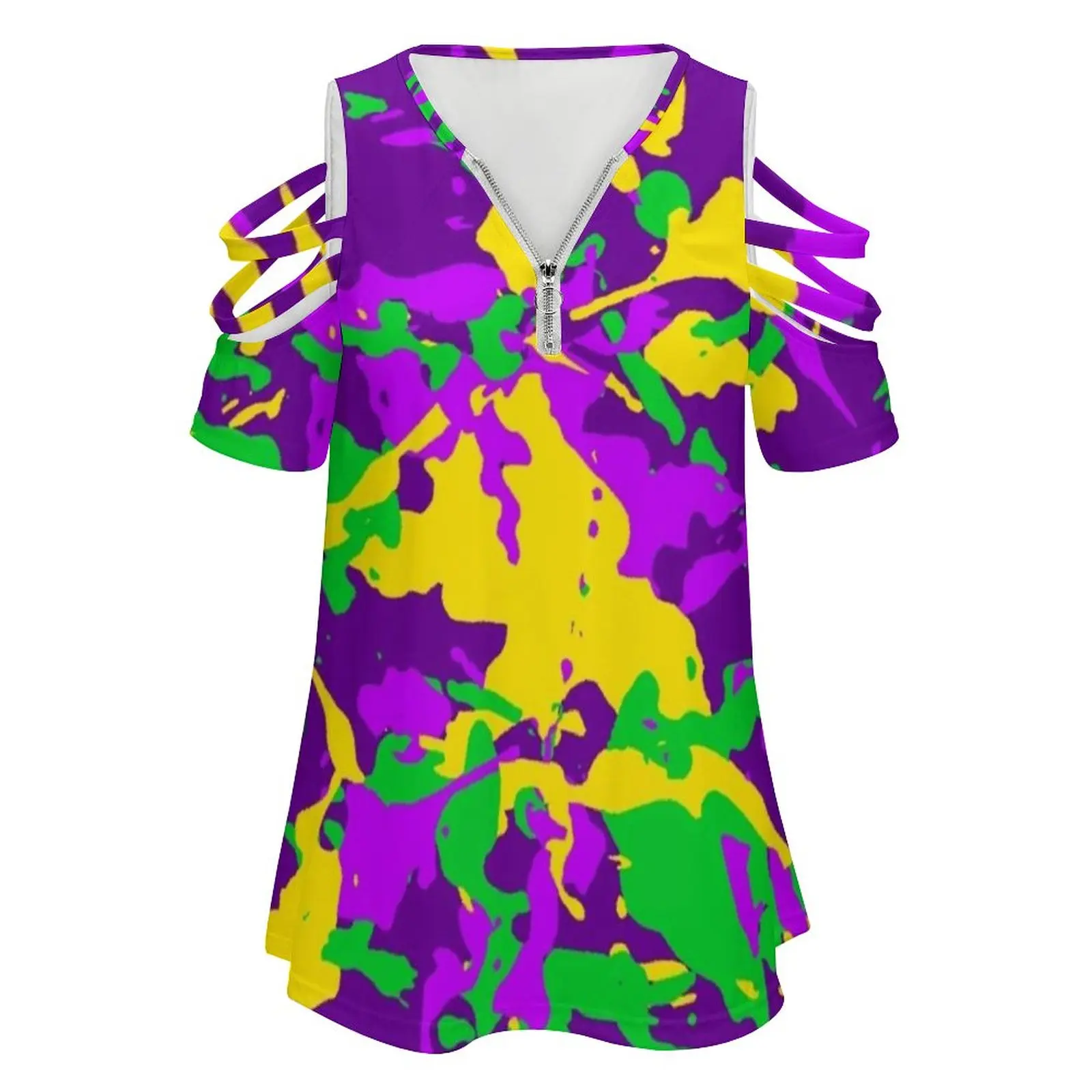 Mardi Gras Cajun Camo New Fashion Zip Off Shoulder Top Short-Sleeve Women Shirt Mardi Gras Nola New Orleans Carnival Parade