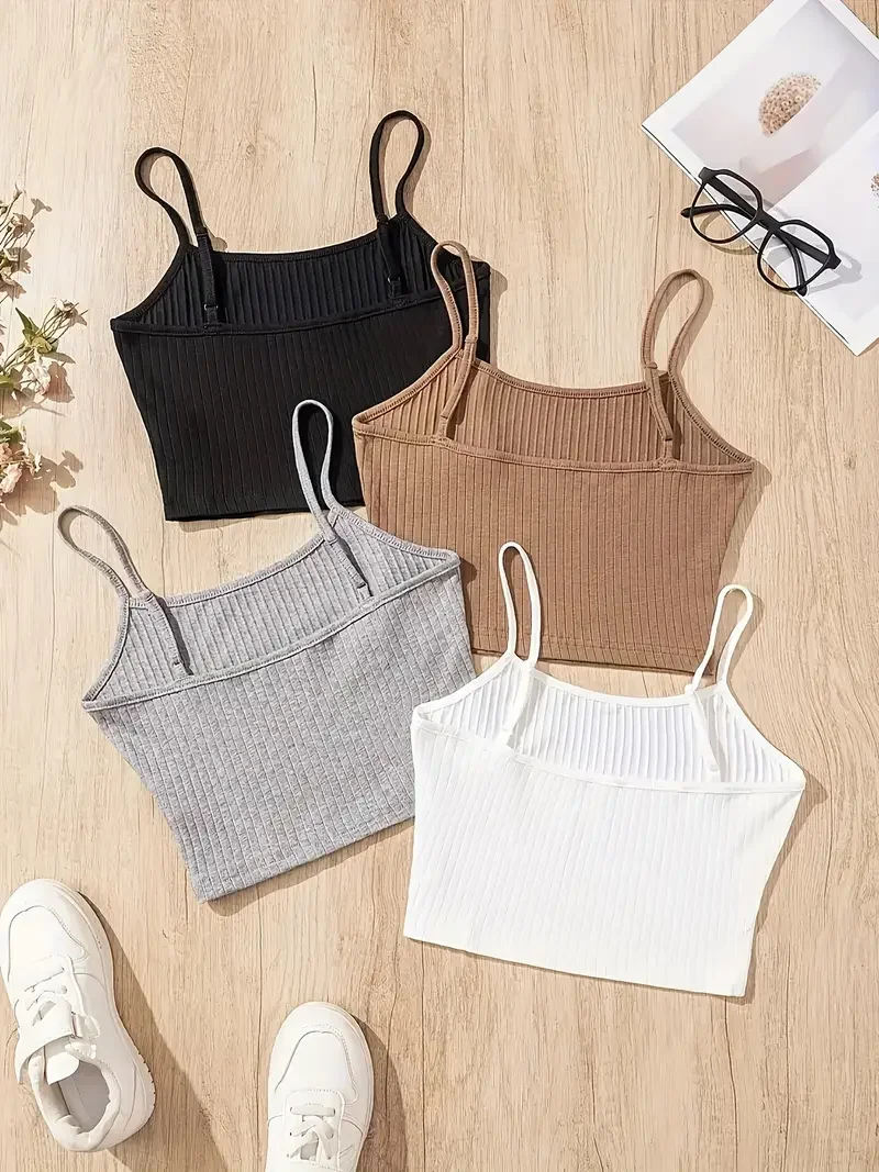 Solid Color Cami Top 4 Packs Casual Sleeveless Crop Spaghetti Strap Top For Summer Women's Clothing