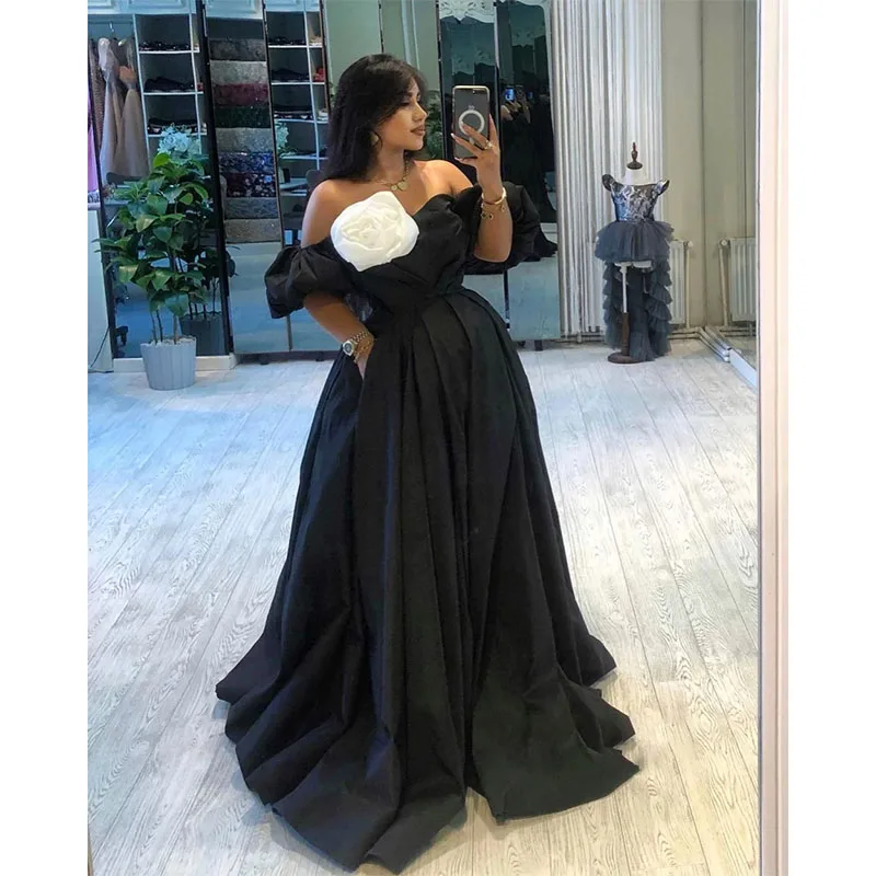 Elegant A-line Prom Dress Off The Shoulder Flower Party Dresses Black Floor-Length Evening Dress Custom Made 2024