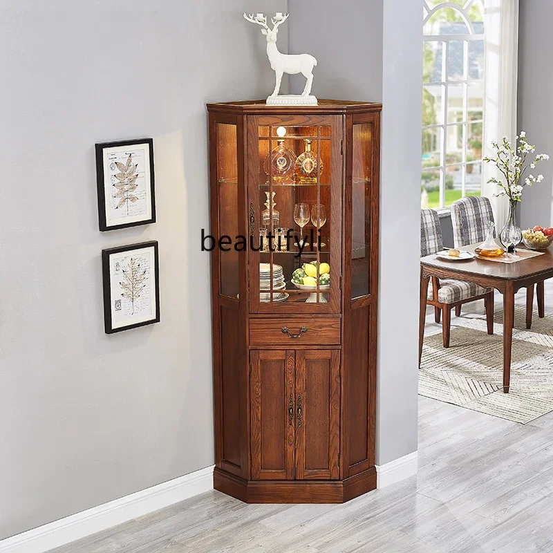 

D80 American Corner Cabinet with Light Living Room All Solid Wood Storage Wine Cabinet Corner Cabinet Glass Corner