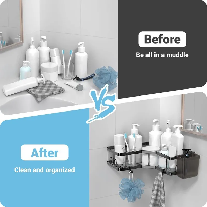 

AB39-Угловые полки-органайзеры для душа (2 шт.), клейкие стеллажи для хранения без сверления с крючками и держателями для зубной пасты