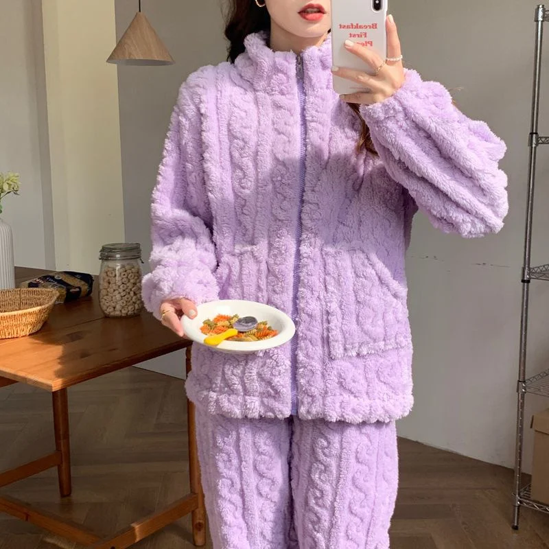 Autumn Winter Sweet Coral Fleece Pajamas Women Fleece-lined Thickened 2023 New Zip-up Flannel Warm Home Wear Set