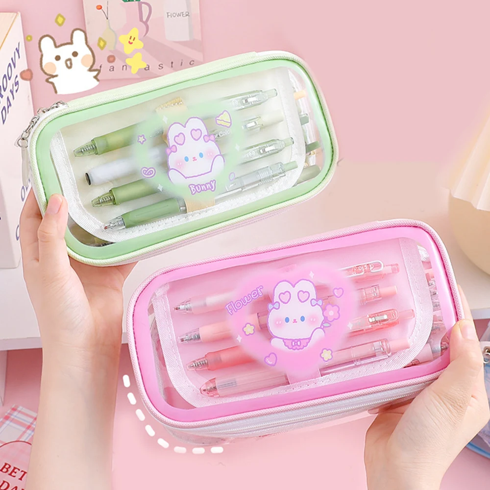 Large Capacity Cartoon Pencil Case Transparent Cosmetic Bag Waterproof Pen Case Cute Rabbit Student School Stationery Pencil Bag