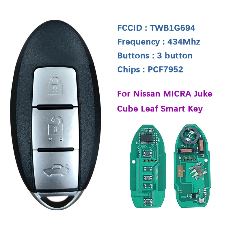 

CN027045 Original 3 Button Smart Key For Micra Juke Cube Leaf Keyless Key 434MHZ PCF7952 FCCID TWB1G694 285E3-9KN0A