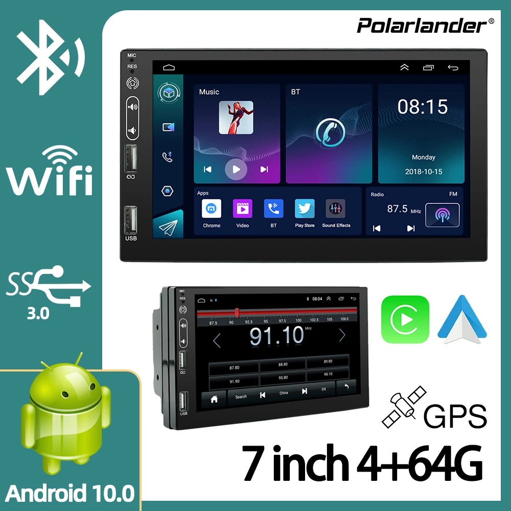 Car Multimedia Player Carplay, Android Auto WIFI+4G 4 Cores GPS 7 Inch Car Stereo Universal 2 Din Android 10.0 Android 10 4+64G