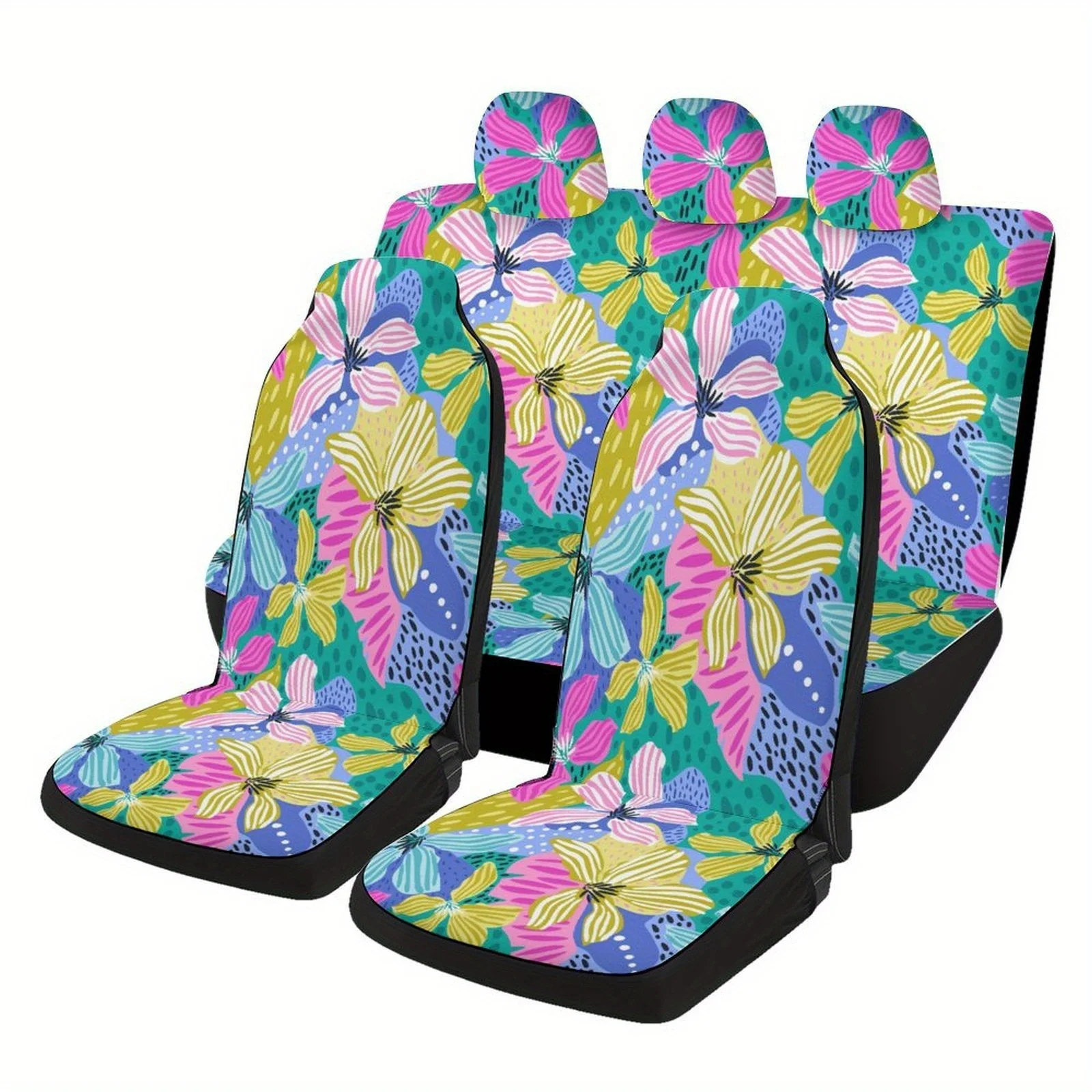 

7pcs Car Interior Covers, Breathable And Non-Slip, Suitable For Five- Cars, Featuring A Casual Colorful Floral Design.
